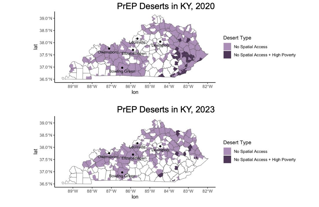 Maps of PrEP deserts in Kentucky in 2020 and 2023, with deserts eliminated and newly created between those years